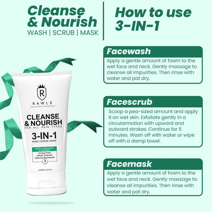 Rawls Cleanse & Nourish 3 In 1 Face Wash, Scrub, Mask for Deep Cleansing - 100 ml - Rawls Essentials